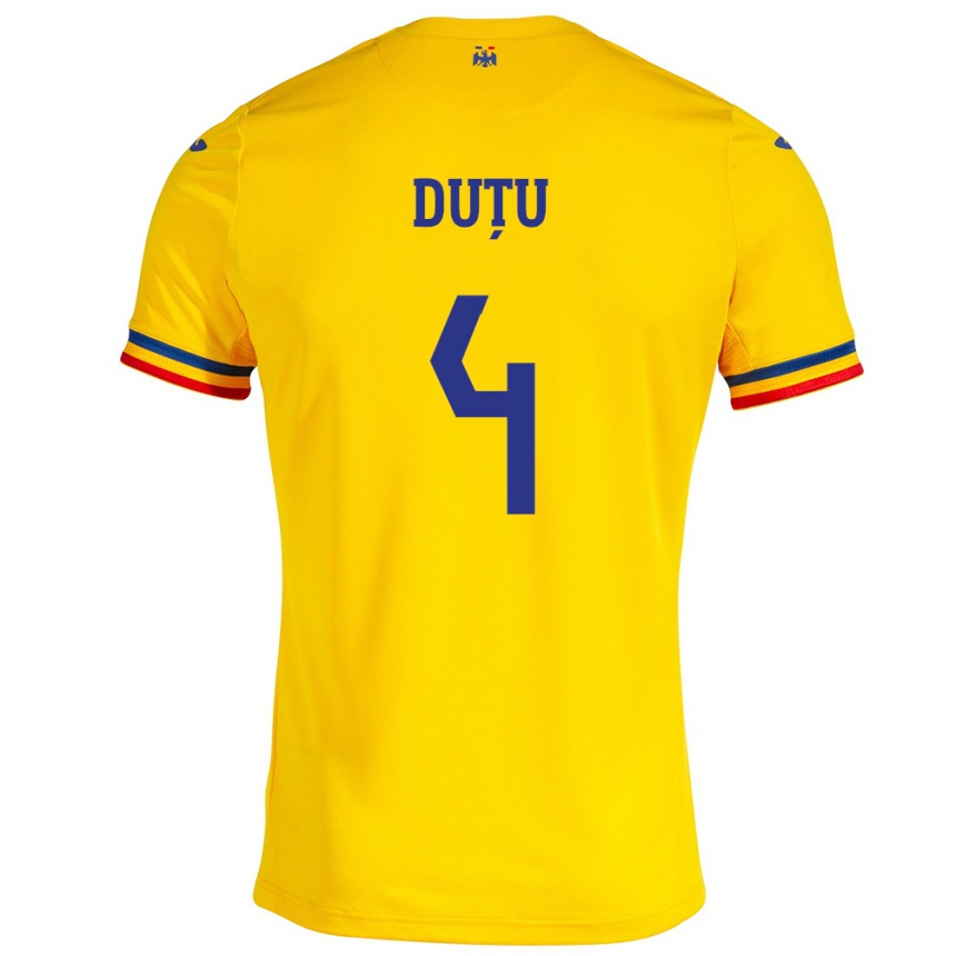 Kinder Fußball Rumänische Ștefan Duțu #4 Gelb Heimtrikot Trikot 24-26 T-Shirt Luxemburg