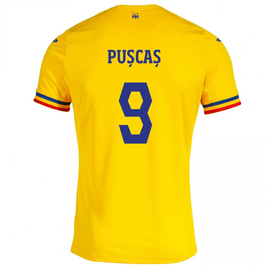 Herren Fußball Rumänische George Pușcaș #9 Gelb Heimtrikot Trikot 24-26 T-Shirt Luxemburg