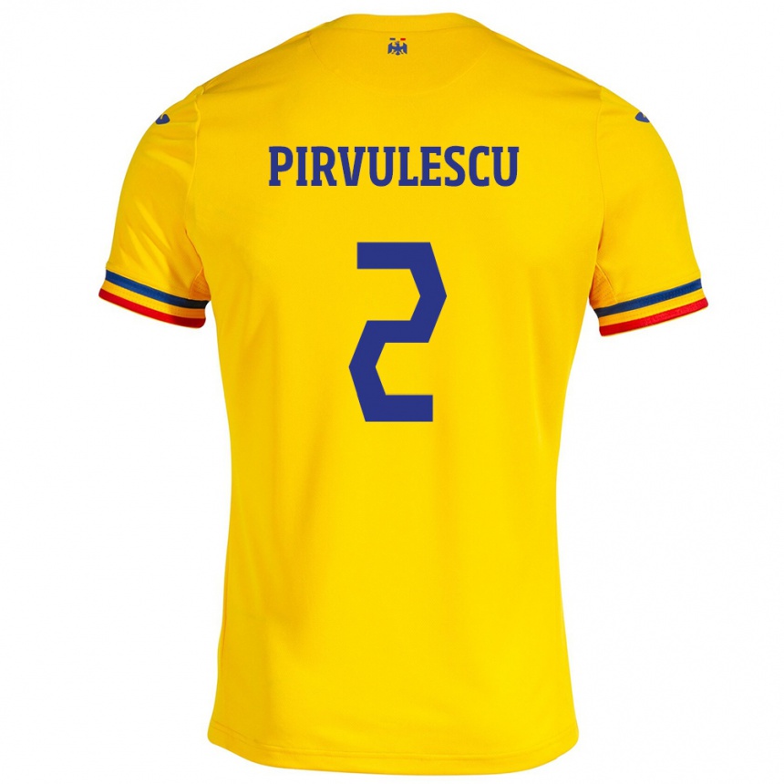 Herren Fußball Rumänische Sergiu Pîrvulescu #2 Gelb Heimtrikot Trikot 24-26 T-Shirt Luxemburg