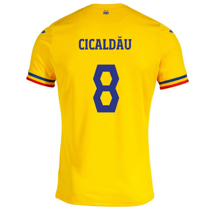 Damen Fußball Rumänische Alexandru Cicâldău #8 Gelb Heimtrikot Trikot 24-26 T-Shirt Luxemburg