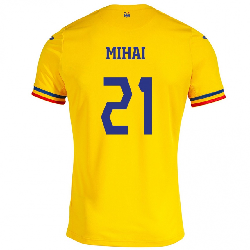 Damen Fußball Rumänische Cristian Mihai #21 Gelb Heimtrikot Trikot 24-26 T-Shirt Luxemburg