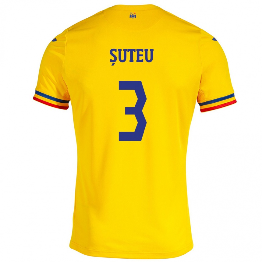 Damen Fußball Rumänische Alexandru Șuteu #3 Gelb Heimtrikot Trikot 24-26 T-Shirt Luxemburg