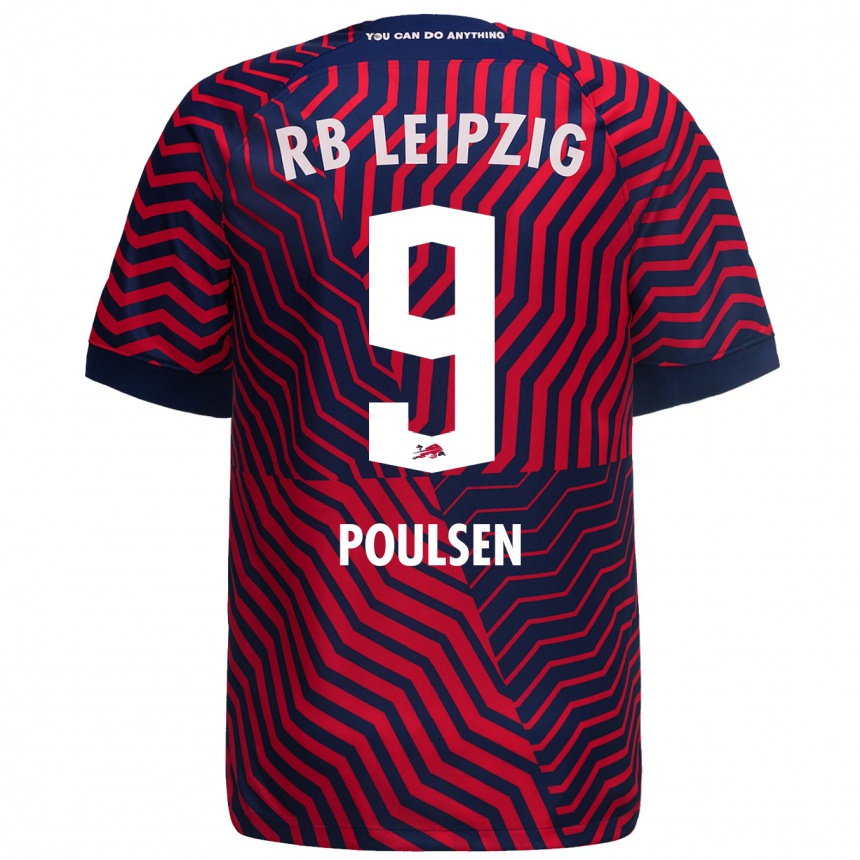 Kinder Fußball Yussuf Poulsen #9 Blau Rot Auswärtstrikot Trikot 2023/24 T-Shirt Luxemburg