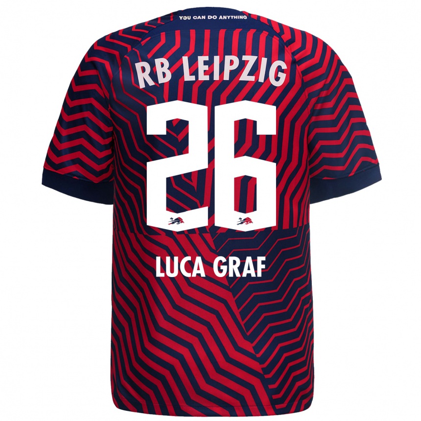 Kinder Fußball Luca Marie Graf #26 Blau Rot Auswärtstrikot Trikot 2023/24 T-Shirt Luxemburg