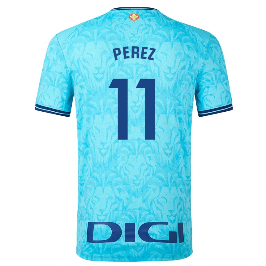 Kinder Fußball Adrián Pérez #11 Himmelblau Auswärtstrikot Trikot 2023/24 T-Shirt Luxemburg