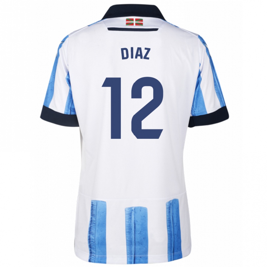 Damen Fußball Ekain Díaz #12 Blau Weiss Heimtrikot Trikot 2023/24 T-Shirt Luxemburg