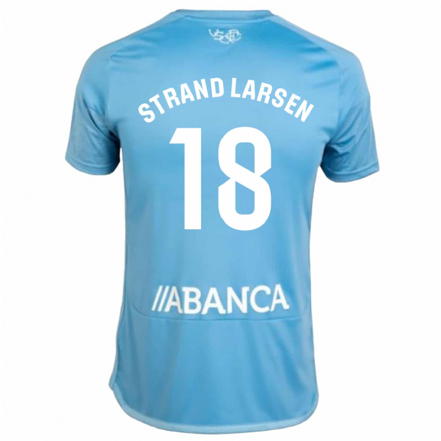 Damen Fußball Jørgen Strand Larsen #18 Blau Heimtrikot Trikot 2023/24 T-Shirt Luxemburg