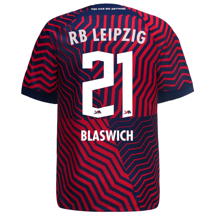 Damen Fußball Janis Blaswich #21 Blau Rot Auswärtstrikot Trikot 2023/24 T-Shirt Luxemburg