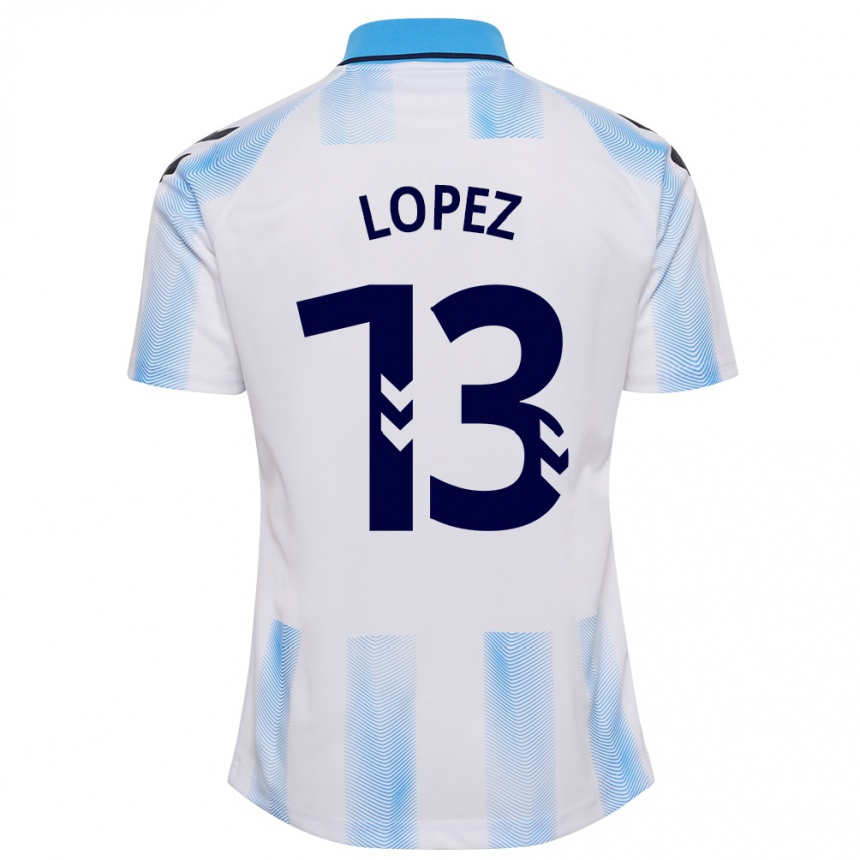 Damen Fußball Carlos López #13 Weiß Blau Heimtrikot Trikot 2023/24 T-Shirt Luxemburg