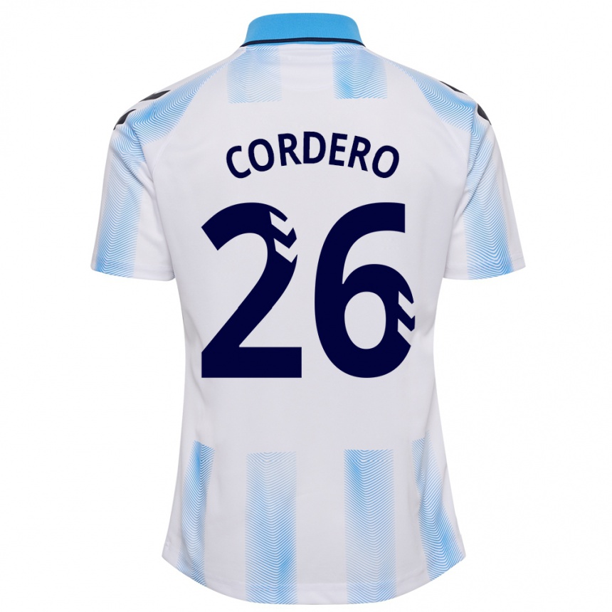 Damen Fußball Antonio Cordero #26 Weiß Blau Heimtrikot Trikot 2023/24 T-Shirt Luxemburg