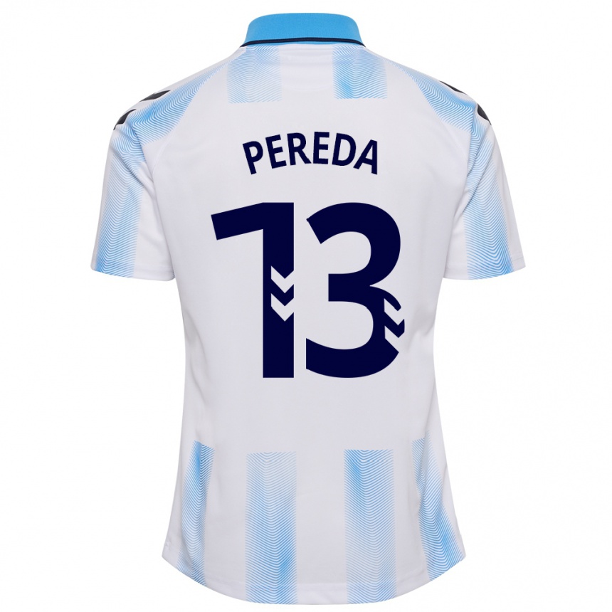 Damen Fußball Adrián Pereda #13 Weiß Blau Heimtrikot Trikot 2023/24 T-Shirt Luxemburg