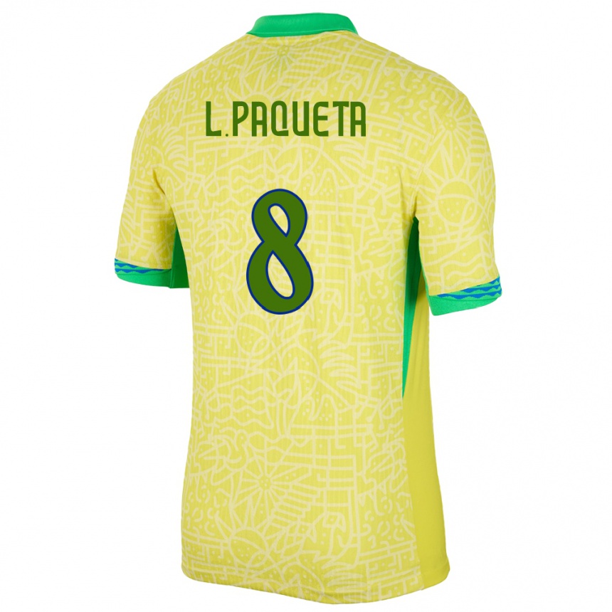 Kinder Fußball Brasilien Lucas Paqueta #8 Gelb Heimtrikot Trikot 24-26 T-Shirt Luxemburg