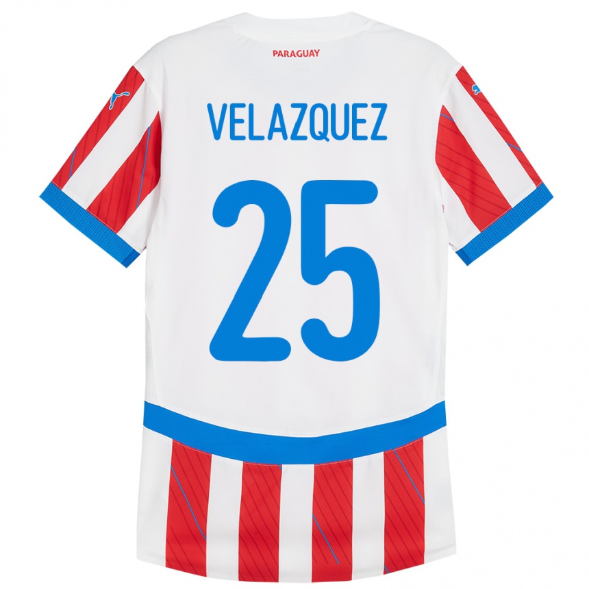 Kinder Fußball Paraguay Gustavo Velázquez #25 Weiß Rot Heimtrikot Trikot 24-26 T-Shirt Luxemburg