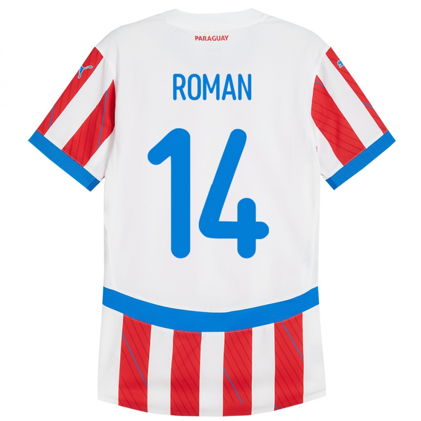 Kinder Fußball Paraguay Fernando Román #14 Weiß Rot Heimtrikot Trikot 24-26 T-Shirt Luxemburg