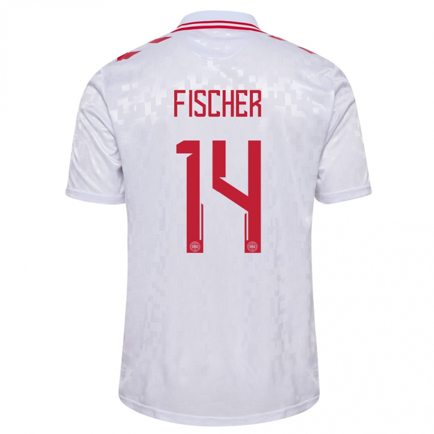 Kinder Fußball Dänemark Mikkel Fischer #14 Weiß Auswärtstrikot Trikot 24-26 T-Shirt Luxemburg