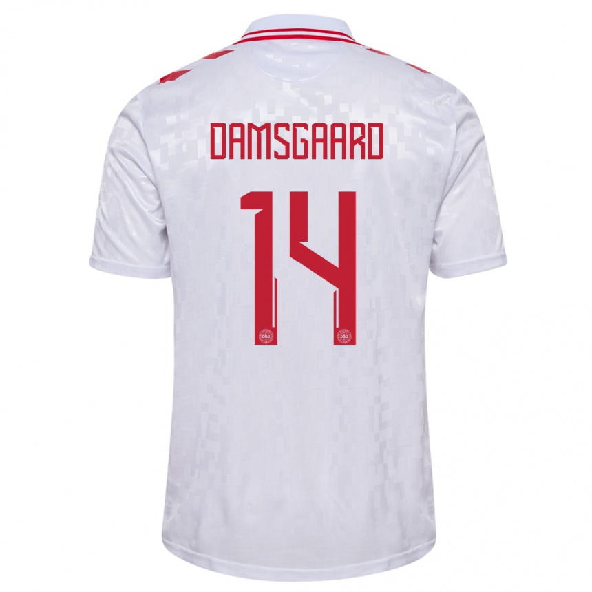 Kinder Fußball Dänemark Mikkel Damsgaard #14 Weiß Auswärtstrikot Trikot 24-26 T-Shirt Luxemburg