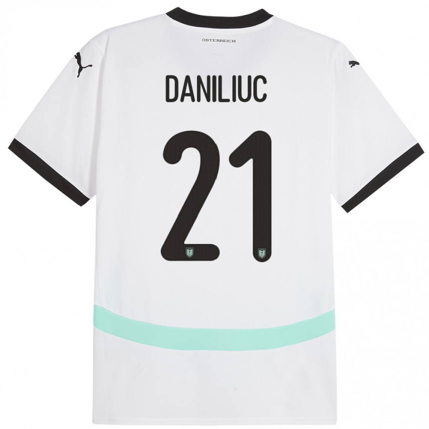 Kinder Fußball Österreich Flavius Daniliuc #21 Weiß Auswärtstrikot Trikot 24-26 T-Shirt Luxemburg