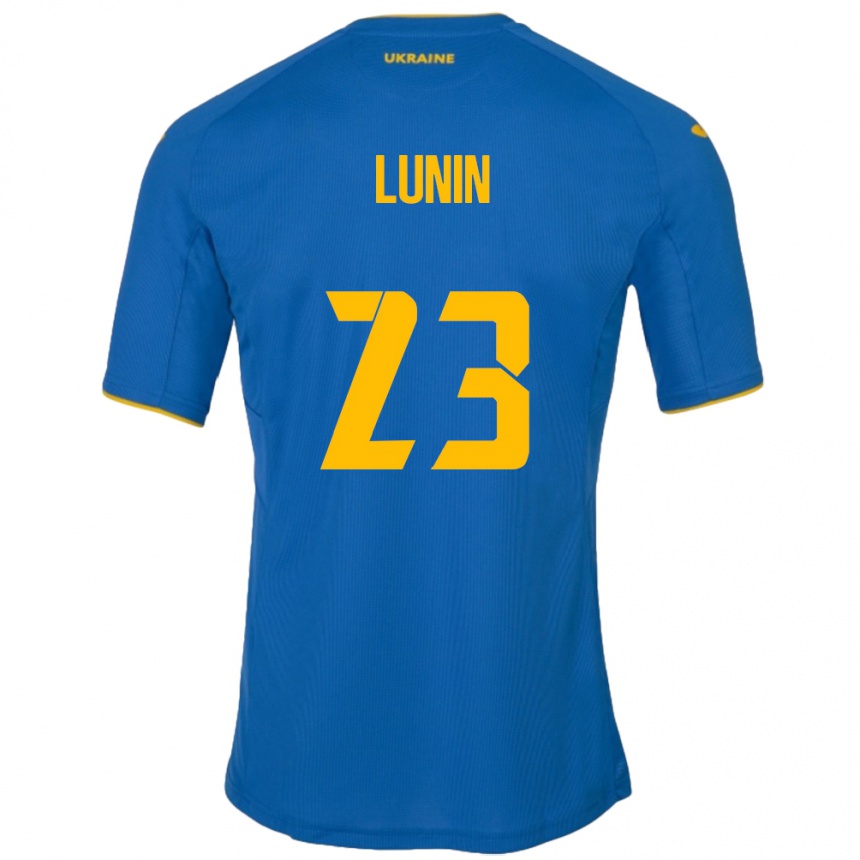 Kinder Fußball Ukraine Andriy Lunin #23 Blau Auswärtstrikot Trikot 24-26 T-Shirt Luxemburg