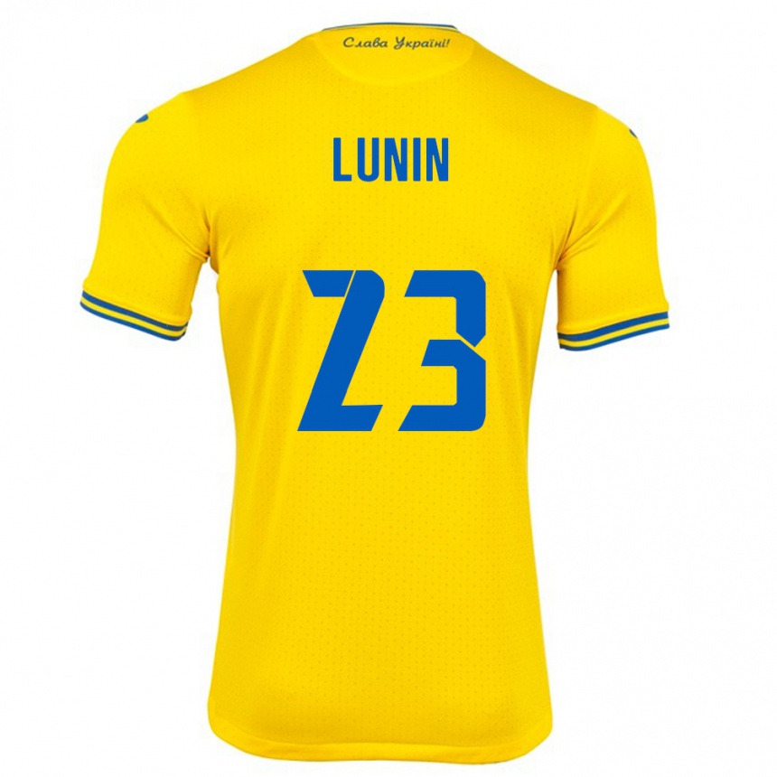 Herren Fußball Ukraine Andriy Lunin #23 Gelb Heimtrikot Trikot 24-26 T-Shirt Luxemburg