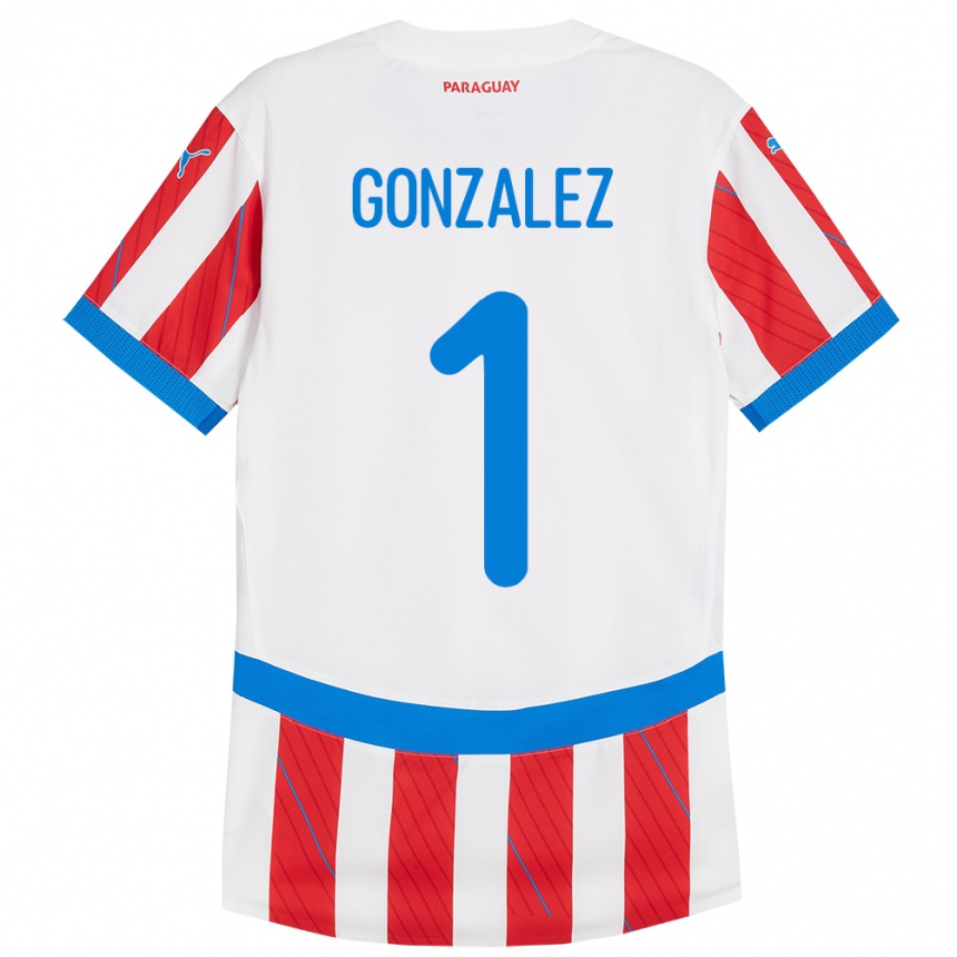 Herren Fußball Paraguay Ángel González #1 Weiß Rot Heimtrikot Trikot 24-26 T-Shirt Luxemburg