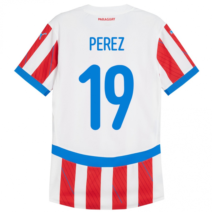Herren Fußball Paraguay Marcelo Pérez #19 Weiß Rot Heimtrikot Trikot 24-26 T-Shirt Luxemburg