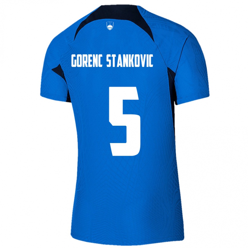 Herren Fußball Slowenien Jon Gorenc Stankovic #5 Blau Auswärtstrikot Trikot 24-26 T-Shirt Luxemburg