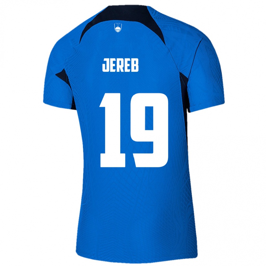 Herren Fußball Slowenien David Jereb #19 Blau Auswärtstrikot Trikot 24-26 T-Shirt Luxemburg