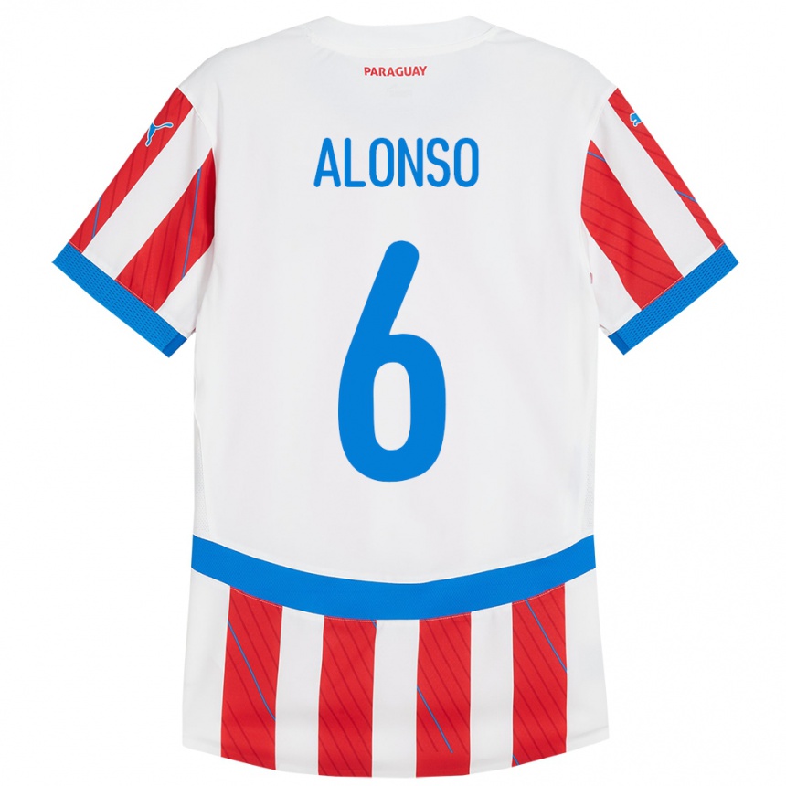 Damen Fußball Paraguay Júnior Alonso #6 Weiß Rot Heimtrikot Trikot 24-26 T-Shirt Luxemburg