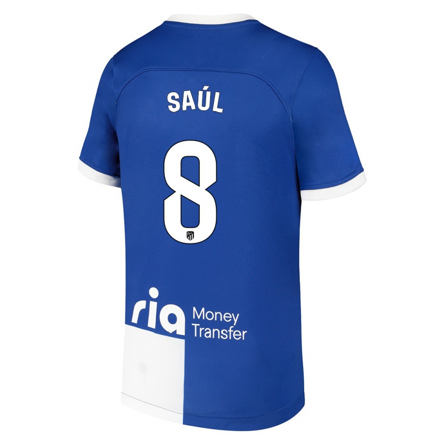 Kinder Fußball Saul Niguez #8 Blau Weiss Auswärtstrikot Trikot 2023/24 T-Shirt Luxemburg