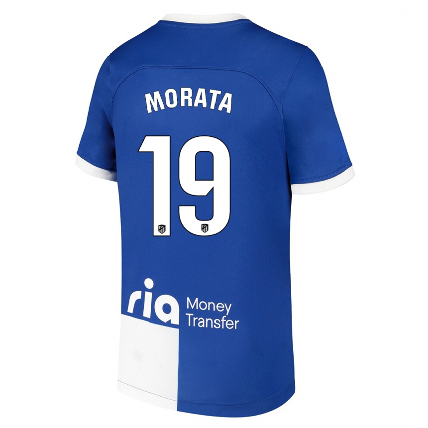 Kinder Fußball Alvaro Morata #19 Blau Weiss Auswärtstrikot Trikot 2023/24 T-Shirt Luxemburg