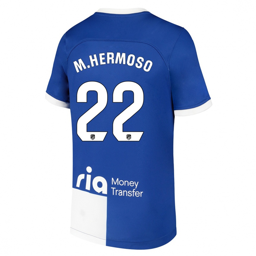 Kinder Fußball Mario Hermoso #22 Blau Weiss Auswärtstrikot Trikot 2023/24 T-Shirt Luxemburg