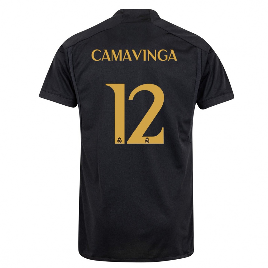 Herren Fußball Eduardo Camavinga #12 Schwarz Ausweichtrikot Trikot 2023/24 T-Shirt Luxemburg