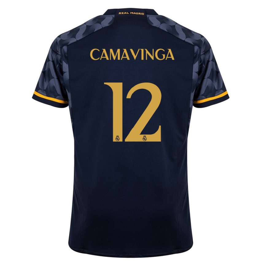 Damen Fußball Eduardo Camavinga #12 Dunkelblau Auswärtstrikot Trikot 2023/24 T-Shirt Luxemburg