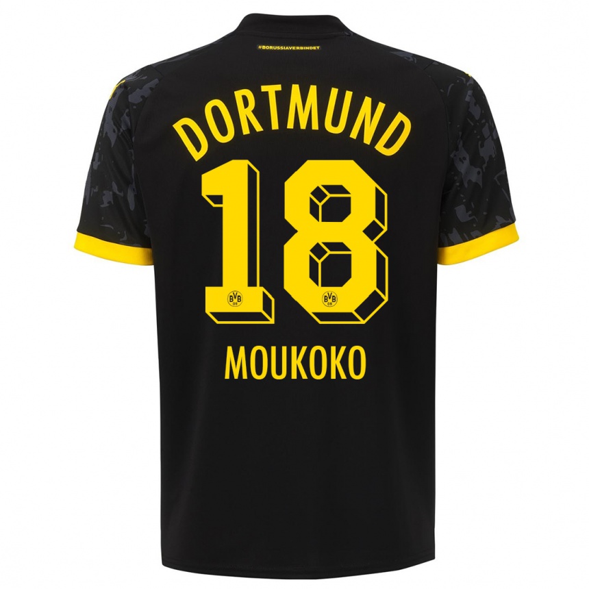 Damen Fußball Youssoufa Moukoko #18 Schwarz Auswärtstrikot Trikot 2023/24 T-Shirt Luxemburg