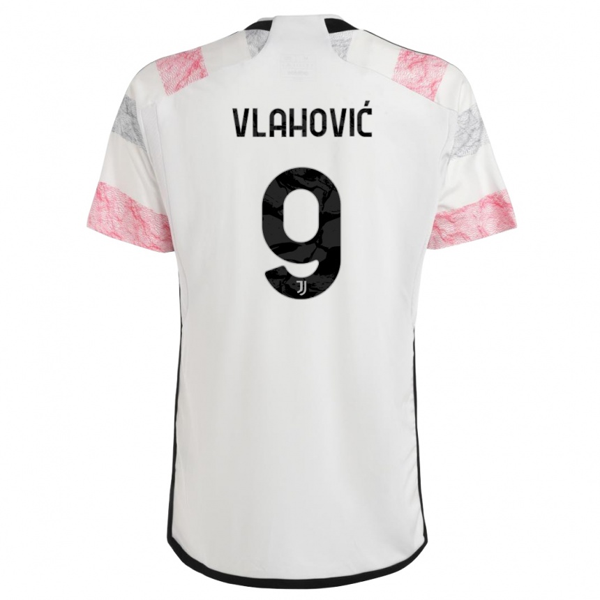 Damen Fußball Dusan Vlahovic #9 Weiß Rosa Auswärtstrikot Trikot 2023/24 T-Shirt Luxemburg