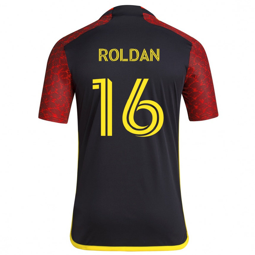 Kinder Fußball Álex Roldán #16 Rot Schwarz Auswärtstrikot Trikot 2024/25 T-Shirt Luxemburg