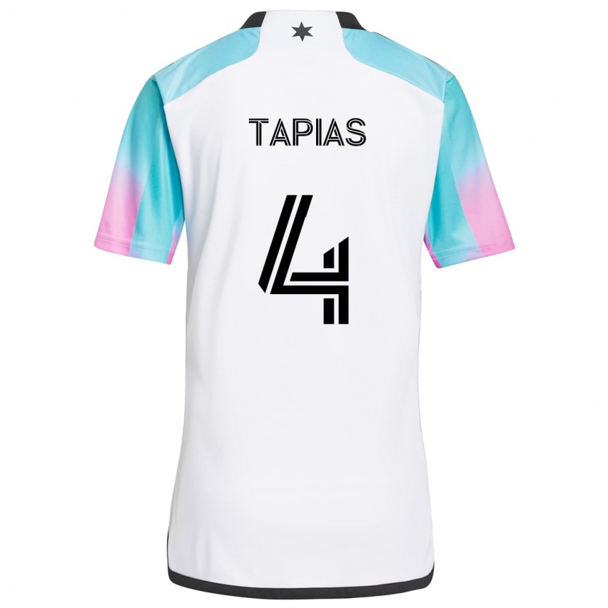 Kinder Fußball Miguel Tapias #4 Weiß Blau Schwarz Auswärtstrikot Trikot 2024/25 T-Shirt Luxemburg