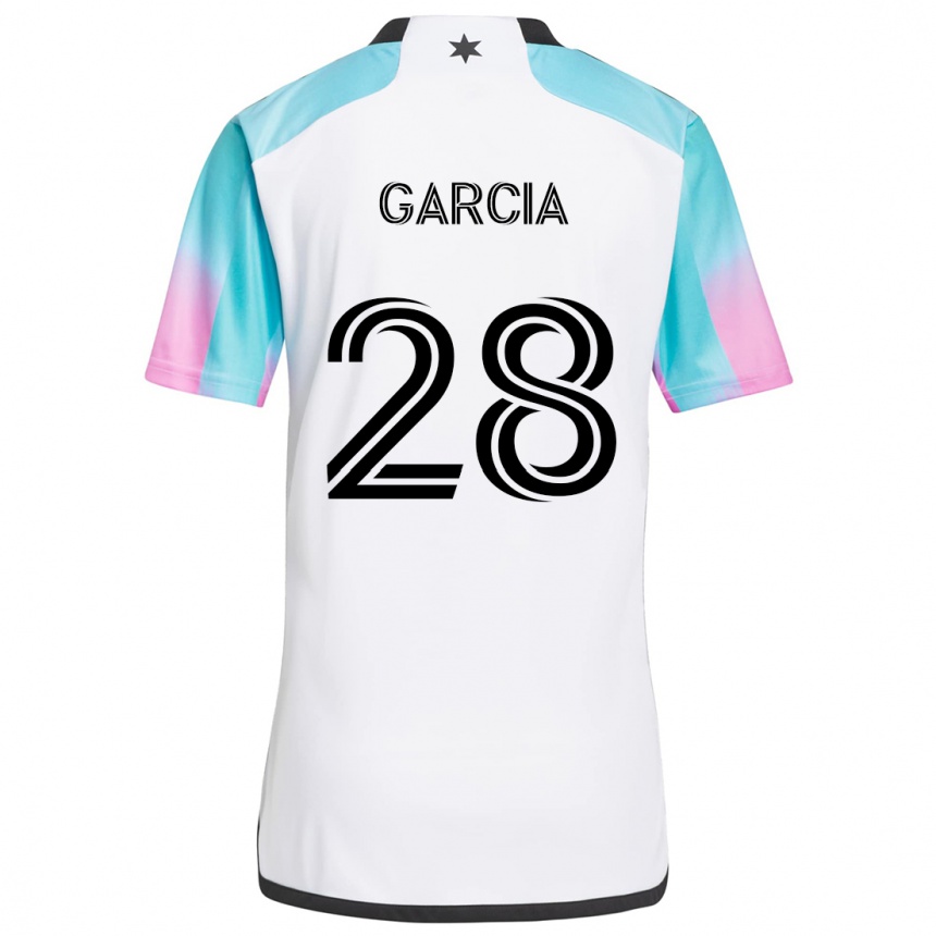 Kinder Fußball Mender García #28 Weiß Blau Schwarz Auswärtstrikot Trikot 2024/25 T-Shirt Luxemburg