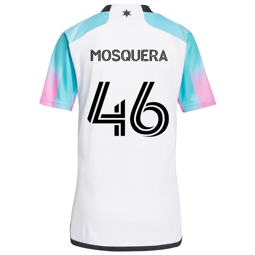 Kinder Fußball Juan Camilo Mosquera #46 Weiß Blau Schwarz Auswärtstrikot Trikot 2024/25 T-Shirt Luxemburg