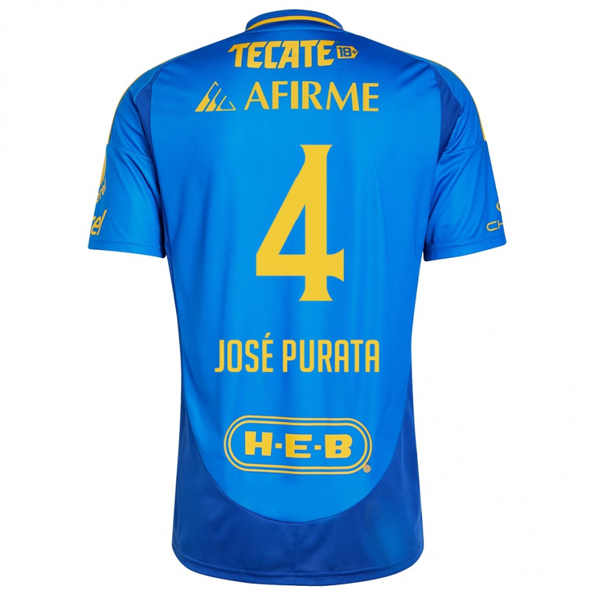 Kinder Fußball Juan José Purata #4 Blau Gelb Auswärtstrikot Trikot 2024/25 T-Shirt Luxemburg