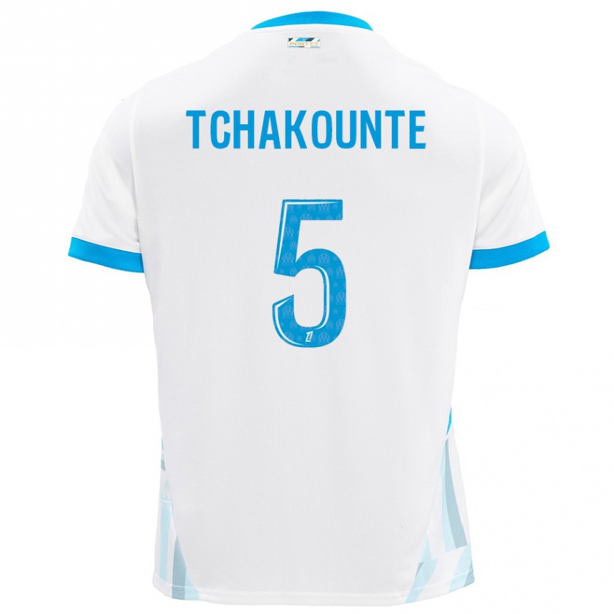 Kinder Fußball Annaëlle Tchakounté #5 Weiß Himmelblau Heimtrikot Trikot 2024/25 T-Shirt Luxemburg