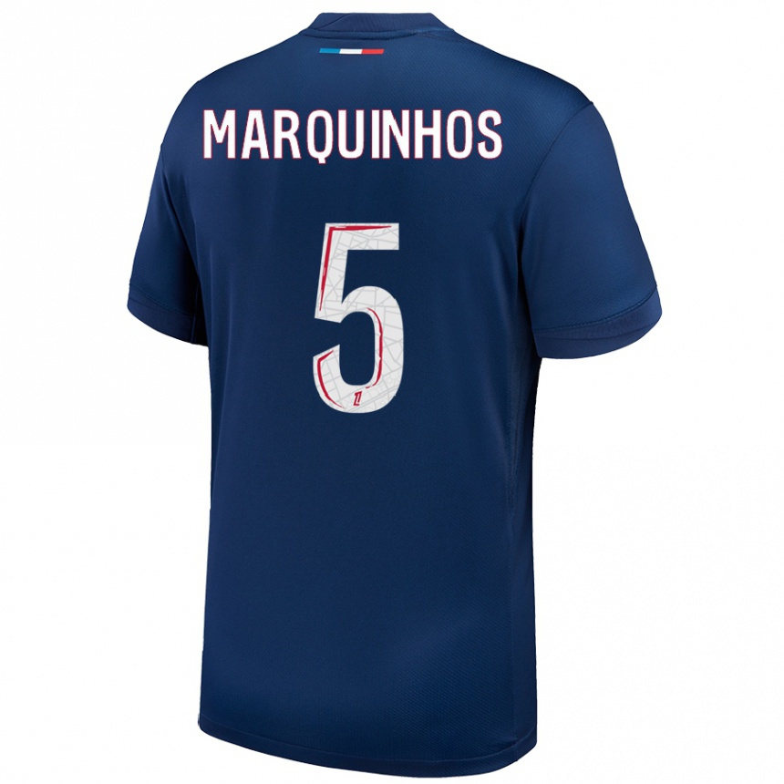 Kinder Fußball Marquinhos #5 Marineblau Weiß Heimtrikot Trikot 2024/25 T-Shirt Luxemburg