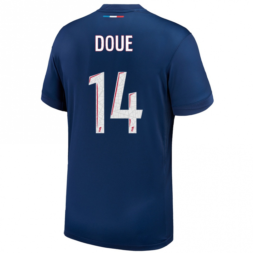 Kinder Fußball Désiré Doué #14 Marineblau Weiß Heimtrikot Trikot 2024/25 T-Shirt Luxemburg