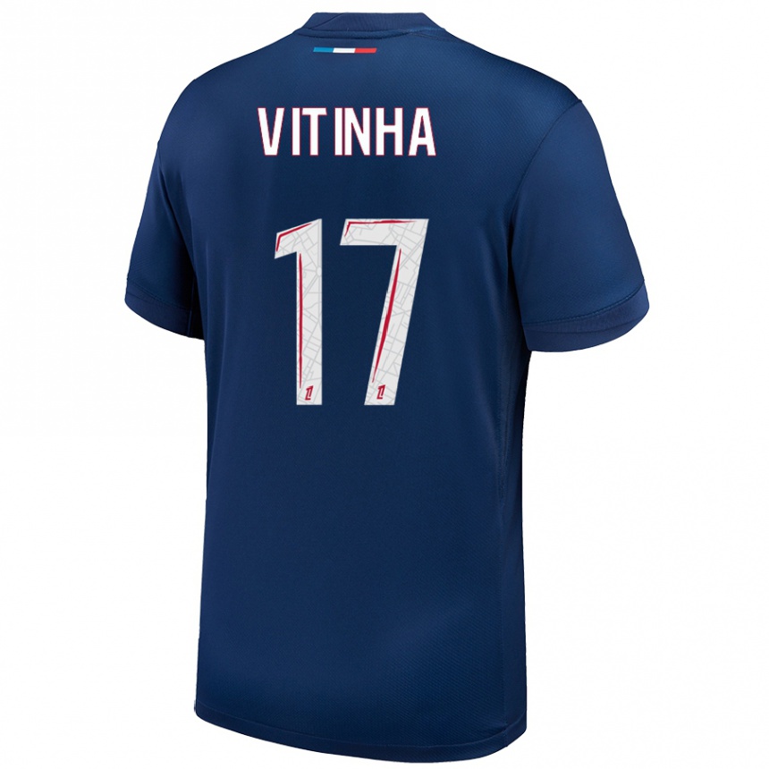 Kinder Fußball Vitinha #17 Marineblau Weiß Heimtrikot Trikot 2024/25 T-Shirt Luxemburg