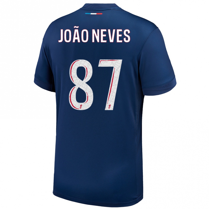 Kinder Fußball João Neves #87 Marineblau Weiß Heimtrikot Trikot 2024/25 T-Shirt Luxemburg