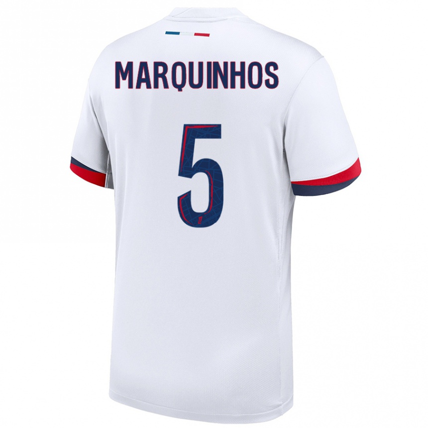 Kinder Fußball Marquinhos #5 Weiß Blau Rot Auswärtstrikot Trikot 2024/25 T-Shirt Luxemburg