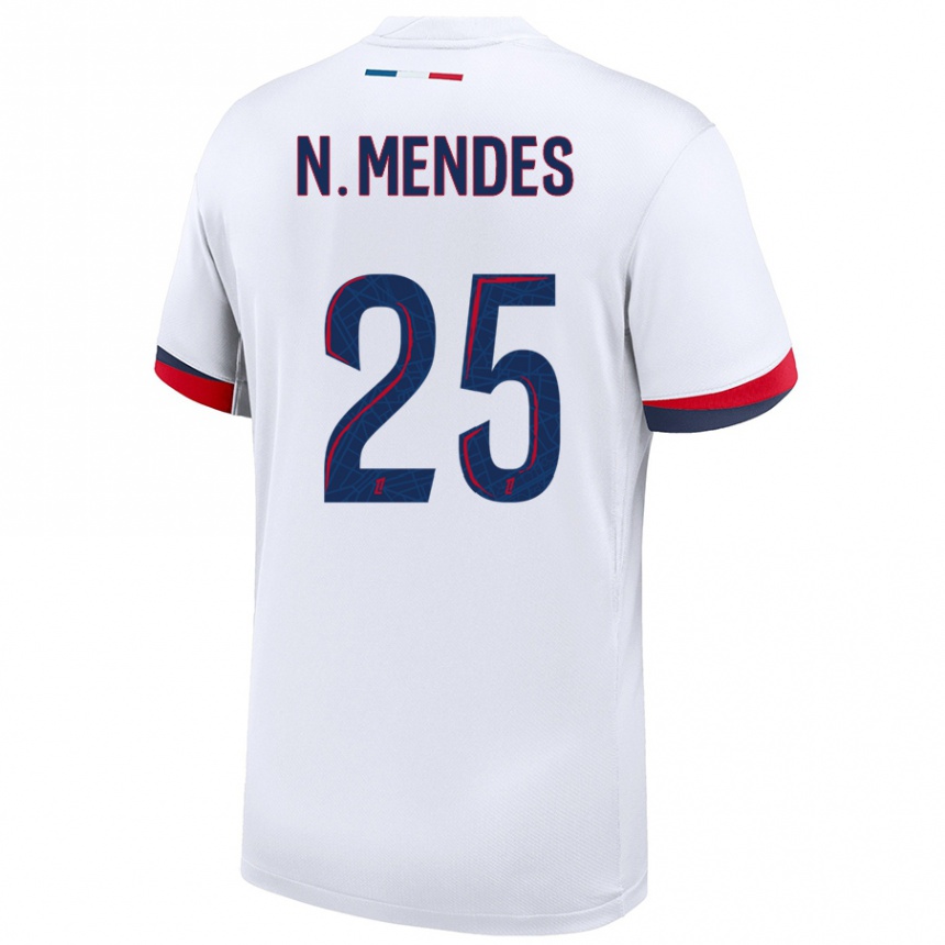 Kinder Fußball Nuno Mendes #25 Weiß Blau Rot Auswärtstrikot Trikot 2024/25 T-Shirt Luxemburg