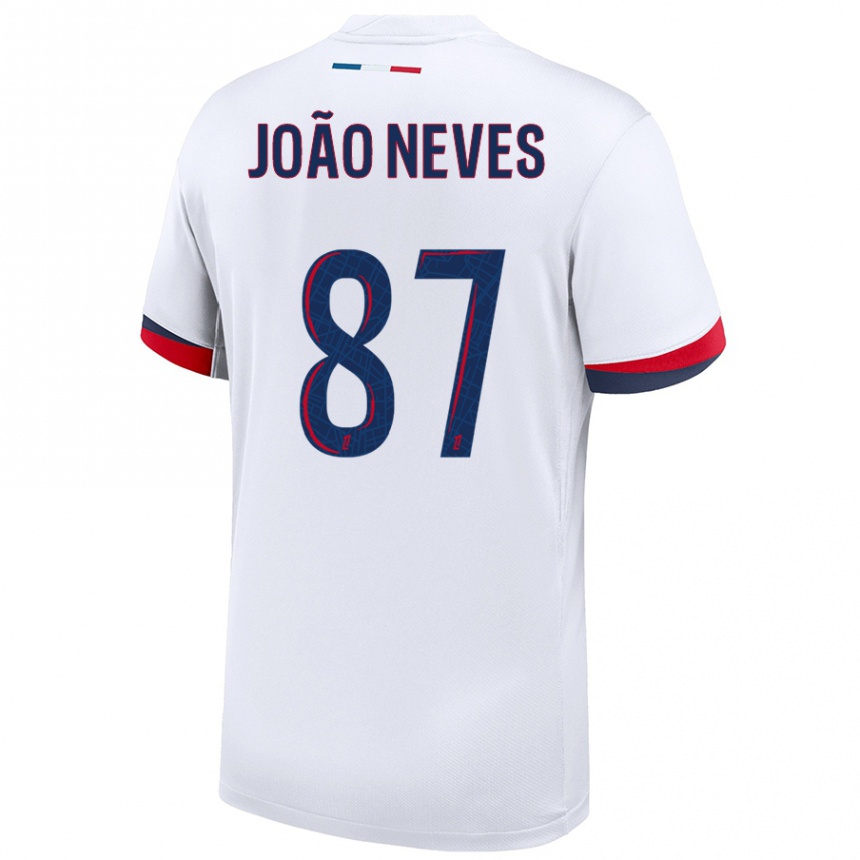 Kinder Fußball João Neves #87 Weiß Blau Rot Auswärtstrikot Trikot 2024/25 T-Shirt Luxemburg