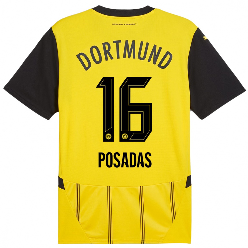 Kinder Fußball Leonardo Posadas #16 Gelb Schwarz Heimtrikot Trikot 2024/25 T-Shirt Luxemburg