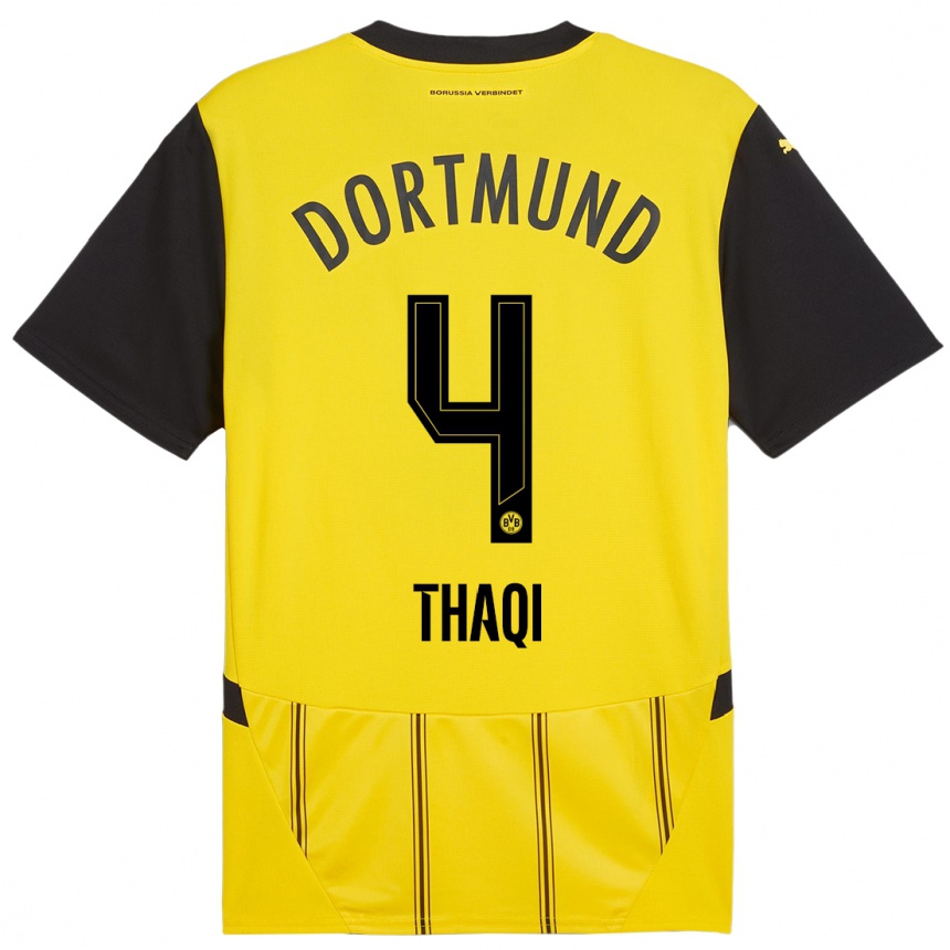 Kinder Fußball Albin Thaqi #4 Gelb Schwarz Heimtrikot Trikot 2024/25 T-Shirt Luxemburg